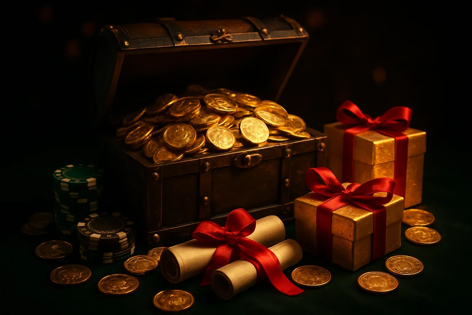 Overflowing treasure chest with golden coins, casino chips, vouchers, and gift boxes