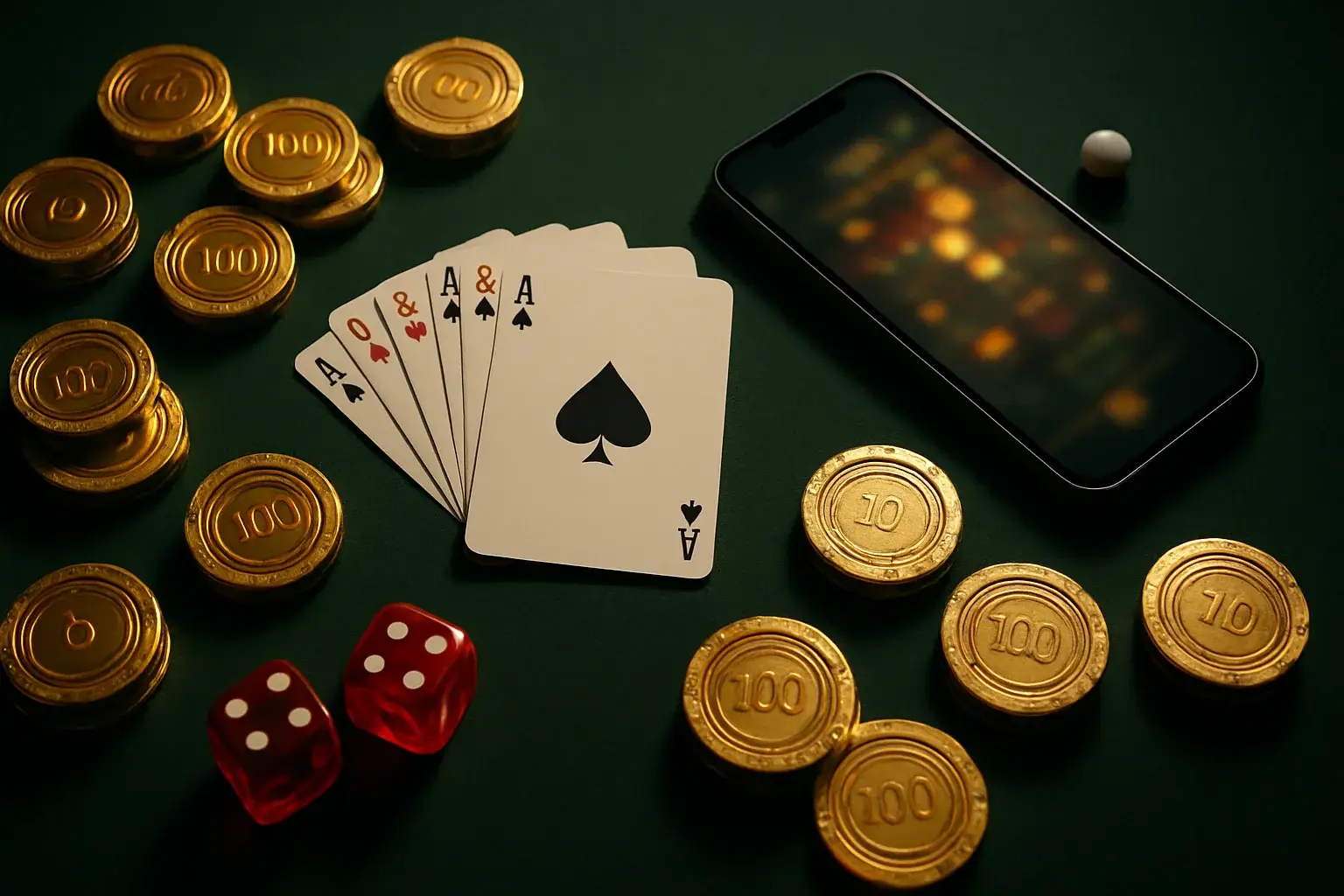 Top-down casino table with gold chips, cards, dice, roulette ball, smartphone