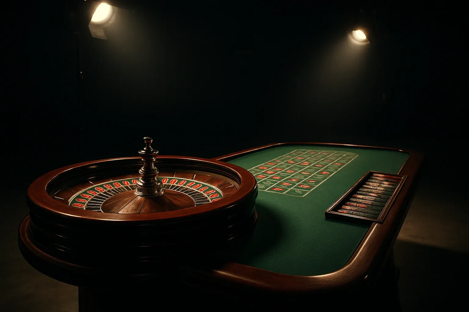 Premium live casino studio with empty roulette table and dramatic lighting