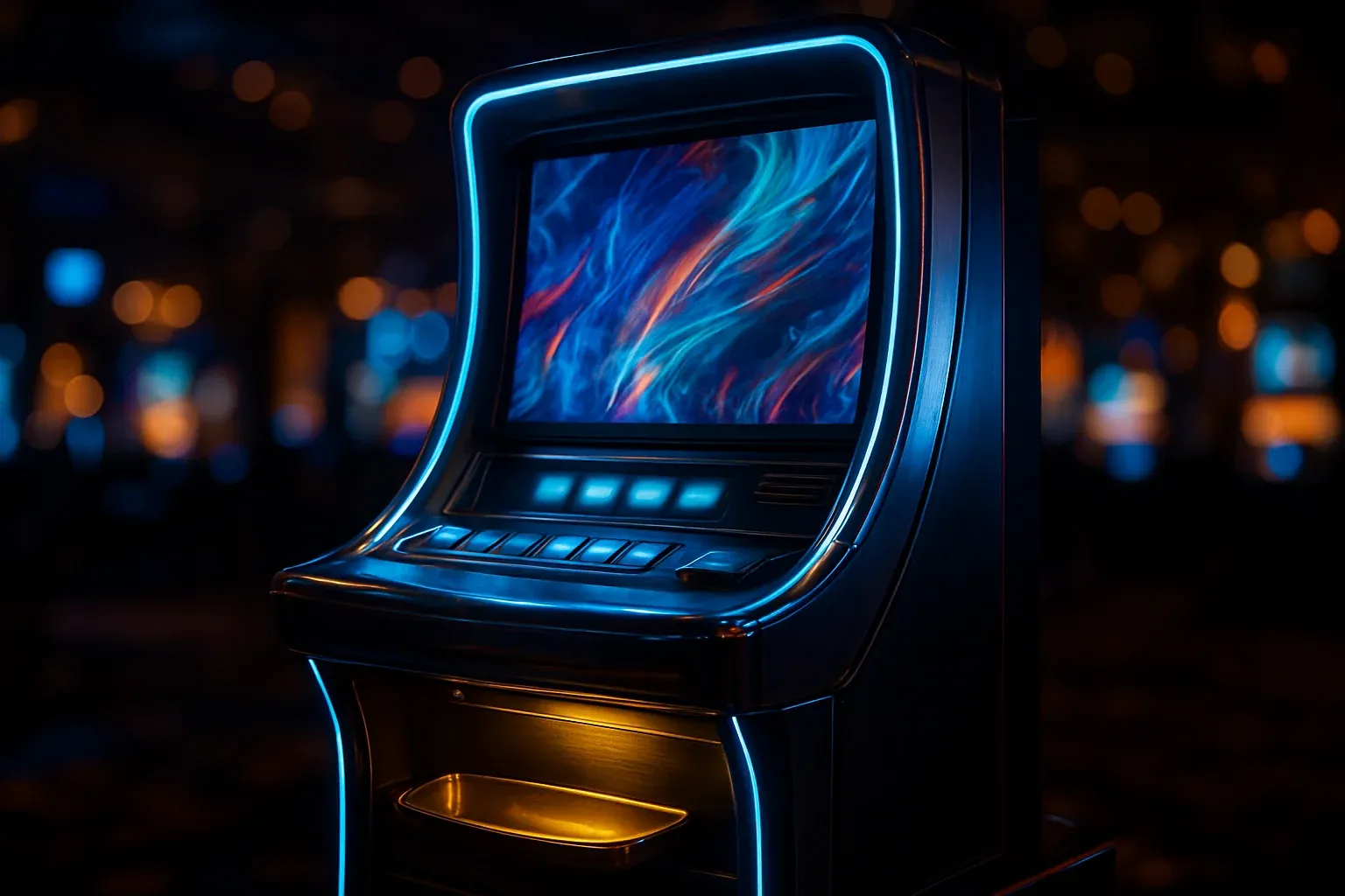 Premium slot machine glowing in dark luxury casino with neon lighting